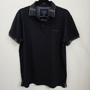 Marc Asher New York Mens Black Plaid Trim Short Sleeve Polo Shirt Large Casual